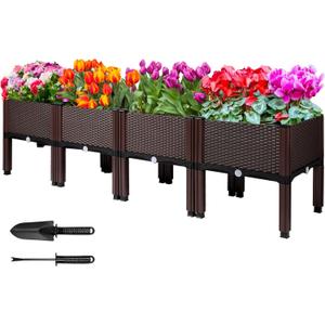 MAYOLIAH Raised Garden Bed with Drainage Elevated Planter Box Plastic Raised Beds for Gardening Vegetables Herb Flowers, Perfect for Indoor Outdoor Planting, 4 Boxes Brown