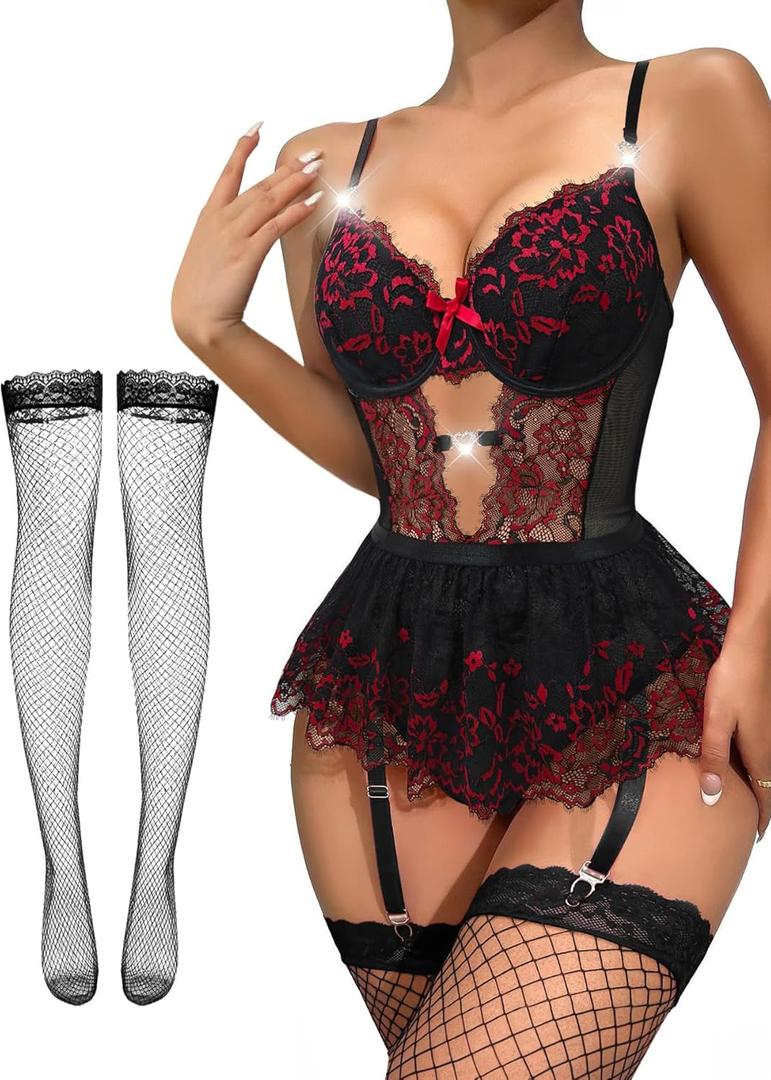 Lilosy Sexy Stocking Rhinestones Heart Garter Underwire Floral Mesh lace Sheer Babydoll Lingerie Teddy Bodysuit Skirt Set (3X-Large, Black Red)