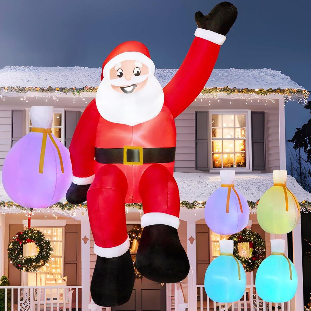 JOIEDOMI 10 FT Christmas Inflatables Santa with Gift Bags Outdoor Decorations, Blow Up Giant Santa Sitting on The Roof with Build-in Color Changing LEDs for Xmas Party Decor Yard Garden Holiday Decor