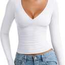 REORIA Womens 2026 Winter Fall Fashion Deep V Neck Long Sleeve Shirts Double Lined Casual Slim Fitted Going Out Tops (Large, White)