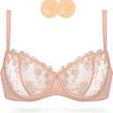 Wingslove Women's Sexy Lace Bra Demi Sheer Mesh Balconette See Through Bralette Unlined Underwire Embroidered (Pink Nude,38C)