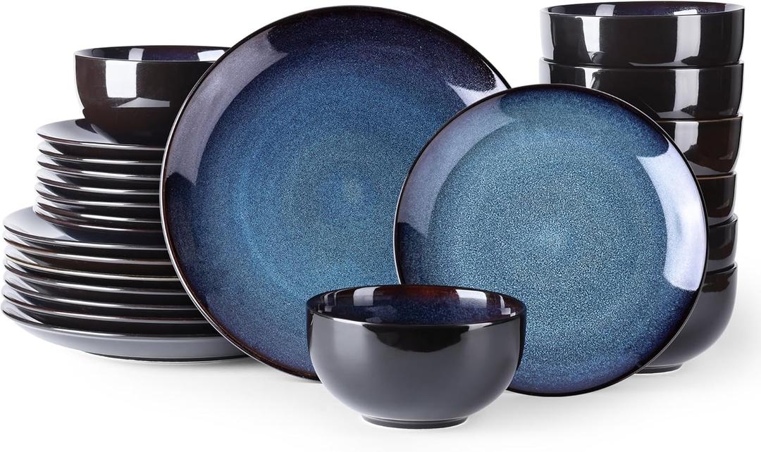 LERATIO Ceramic Dinnerware Sets for 8,Stoneware Plates and Bowls Sets,Handmade Reactive Glaze Dishes Set,Chip Resistant and Scratch Resistant | Oven&Dishwasher & Microwave Safe-Blue(24PCS) (Dreamy Moonlight-Blue)