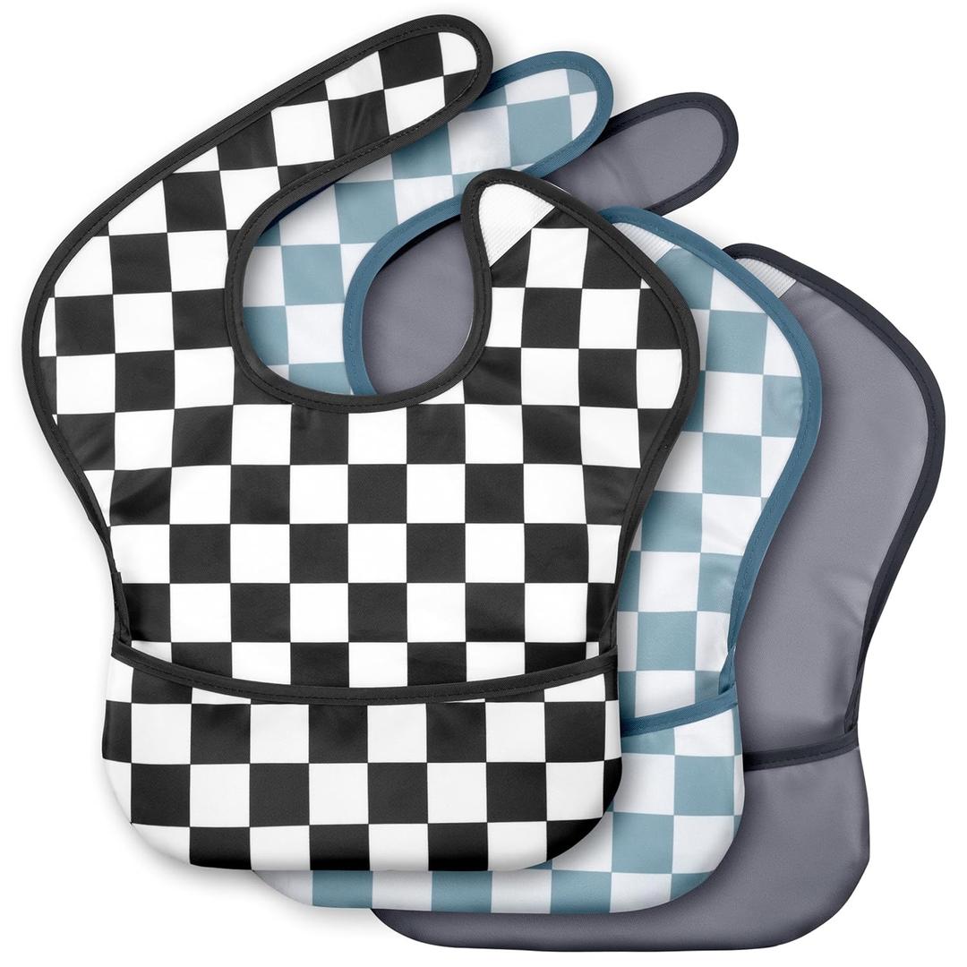 3-Pack Waterproof Baby Bibs for Eating - Mess Proof Lightweight Toddler Feeding Bibs with Large Food Catcher, Food-Grade Baby Eating Essentials, Easy to Put On & Clean(Black Cherkerd)