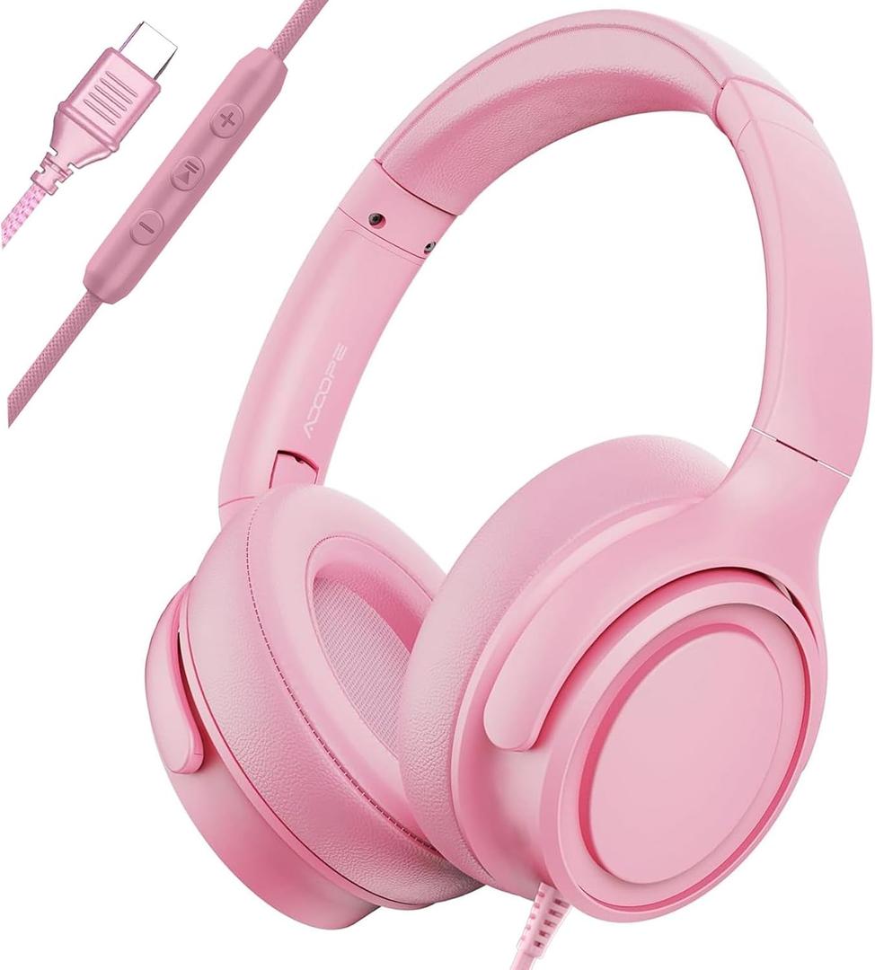 Wired Over-Ear Headphones with USB C Connector, Hi-Fi Stereo Sound, Noise-Isolating Ear Cups, Comfortable Fit for USB C Devices (No Bag, Pink)