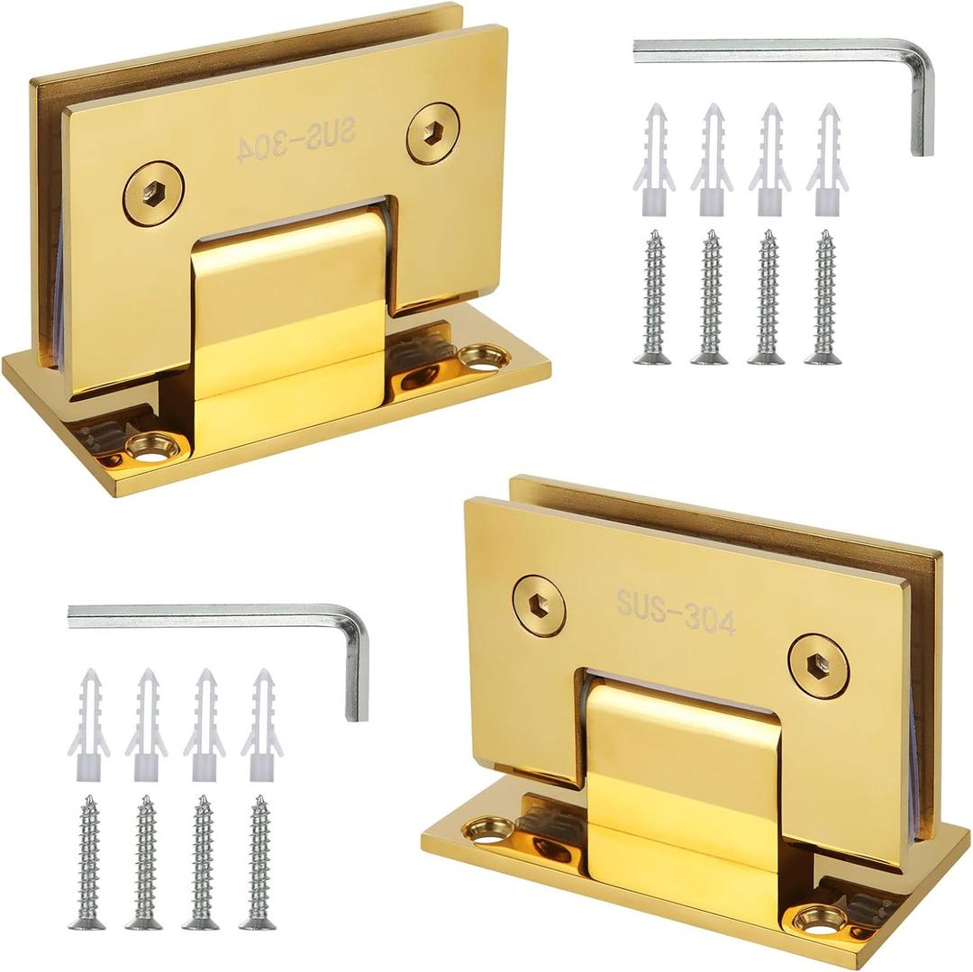 2Pack Glass Gold Shower Door Hinges Stainless Steel 90 Degree Heavy Duty Brushed Gold Shower Door Hinges Replacement Parts with Mounting Hardware, Bathroom Gate Clamp for 3/8 to 1/2Glass