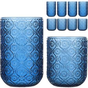 Set of 8 Vintage Embossed Glassware,4 Highball Glasses 14oz & 4 Rocks Drinking Glasses 9oz, Blue, Art Deco, for Water, Cocktail, Juice, Whiskey, Gift