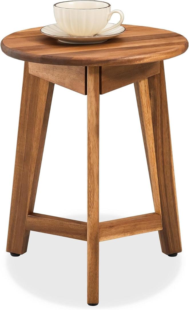 Round Side Table  Solid Acacia Wood End Table for Living Room or Bedroom  Natural Wood Finish, Compact Nightstand or Accent Table for Sofas & Beds (13x16x13 Inches)