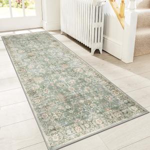 GENIMO Runner Rug for Hallways Machine Washable, 2x5 Non Slip Boho Vintage Lightweight Washable Runners, Thin Floor Rugs for Entryway Hallway Bathroom Laundry Room Corridor, Light Sage
