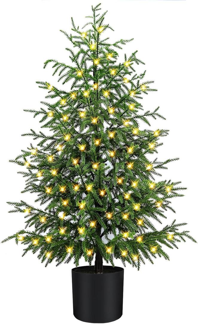 4FT Pre-Lit Artificial Norfolk Pine Christmas Tree  Realistic Potted Tree with 100 LED Lights & 8-Function Battery Box, Pre-Assembled Faux Holiday Dcor for Indoor Use