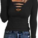 HERILIOS Women Casual Long Sleeve Tunic Tops V-Neck T Shirts Criss Cross Ribbed Casual Tee Slim Fitted Fall Blouse (Black, XXL)
