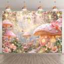 7x5ft Pink Mushroom House Forest Backdrop Glitter Fairy Tale Wonderland Flower Butterfly Lamp Photography Background Kids Birthday Party Decor Photo Booth Banner