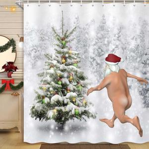 MERCHR Funny Christmas Santa Claus Shower Curtain, Christmas Tree Winter Forest Snowflake Bathroom Curtains, Durable Waterproof Fabric Shower Curtain Set with 12 Hooks, 71 x 71 Inches 
