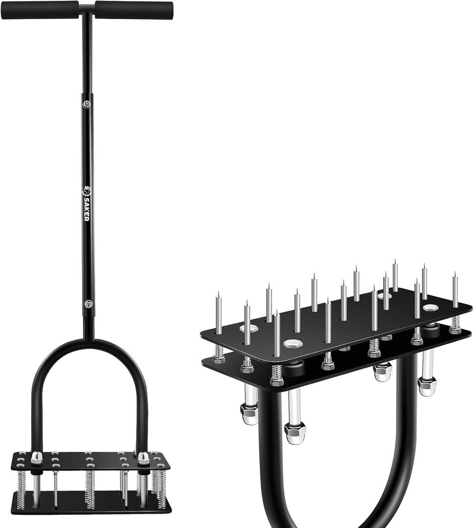 Saker Lawn Aerator, Lawn Aerator Tool with 15 Iron Spikes, Automatic Leaf and Dirt Cleaning, Spring-Loaded Design, Manual Aeration Lawn Tool for Loosening Soil Aerating Patio, Yard, Garden
