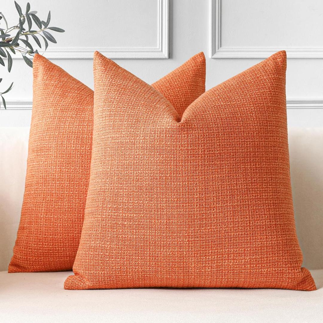 OTOSTAR Pack of 2 Throw Pillow Covers 24x24 Inch Linen Orange Pillowcases Farmhouse Decorative Solid Pillow Covers 60x60 cm Square Cushion Case for Home Decor Sofa Couch Bed (Orange)