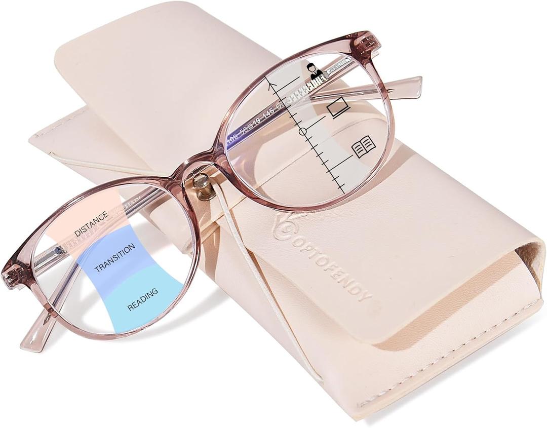 OPTOFENDY Progressive Multifocal Reading Glasses for Women Men, TR90 Fashion Blue Light Computer Readers, Crystal Brown 3.0 x