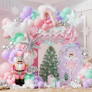 153Pcs Snowflake Balloon Arch Garland Kit - Winter Wonderland Decorations with 48" Nutcracker, Snowflake&Candy Cane Foil Balloons for Princess & Winter Wonderland Party, Baby Shower & Birthday Decor (Pink Green Purple)