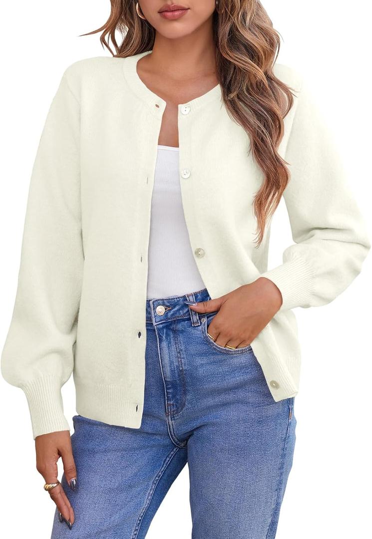Saodimallsu Womens Button Down Cardigan Sweaters Crew Neck Long Sleeve Open Front Loose Fall Soft Knit Sweater Coats (Small, White)
