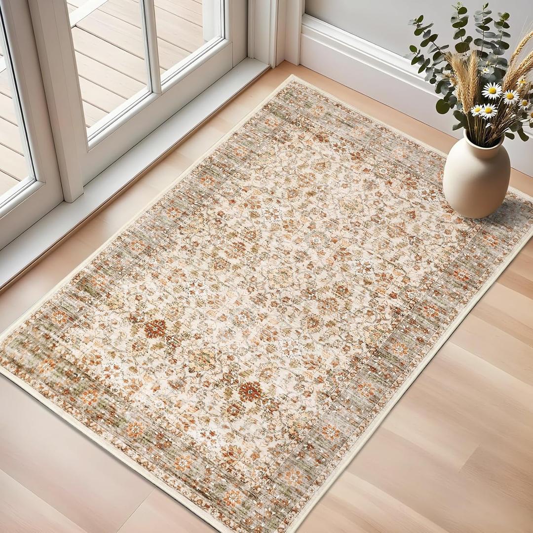 Vintage 23 Area Rug, Non Slip Backing, Washable, Stain Resistant, Super Soft Distressed Persian Rug, Ideal for High Traffic Areas in Bedroom, Living Room, Kitchen, Entryway, Ivory/Light Yellow