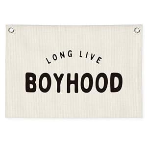 MOFUYU Boys Room Decor - Long Live Boyhood Linen Canvas Banner - Toddler Boy Room Nursery Playroom - Playroom Decor Wall Hanging Flag 30x20 Inch