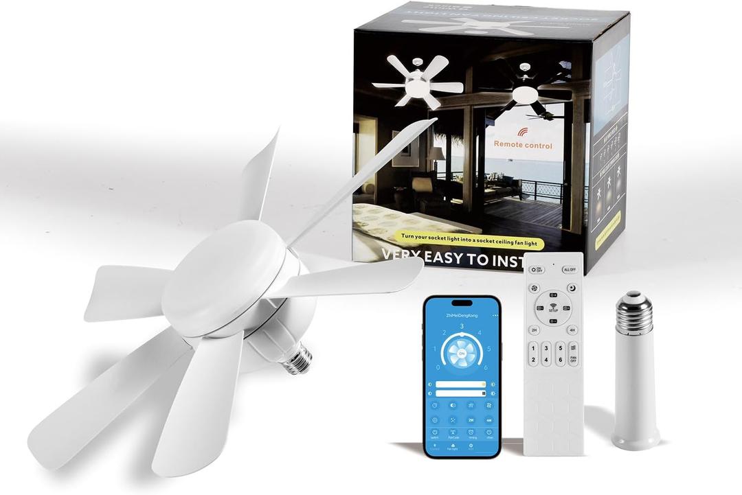 Socket Fan LED Ceiling Lights,18inch APP Control E26 Fans Bulb with Remote & Dimmable LED Ceiling Fan Lights,3Color 3000K-6500K,1800LM Fan Light Bulb Screw in Ceiling (White-1Pack)