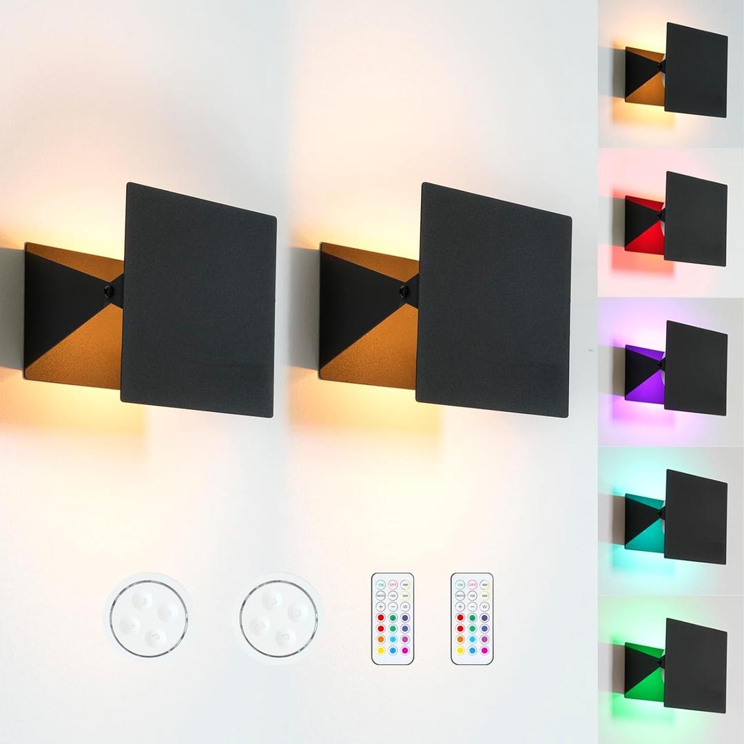 HEQIQEH Modern Style Battery Operated RGB Wall Sconces 2-Pack, Adjustable LED Cube Indoor Up and Down Wall Lamp with Remote Control, Dimmable Wall Lighting Fixtures for Bedroom, Hallway, Living Room