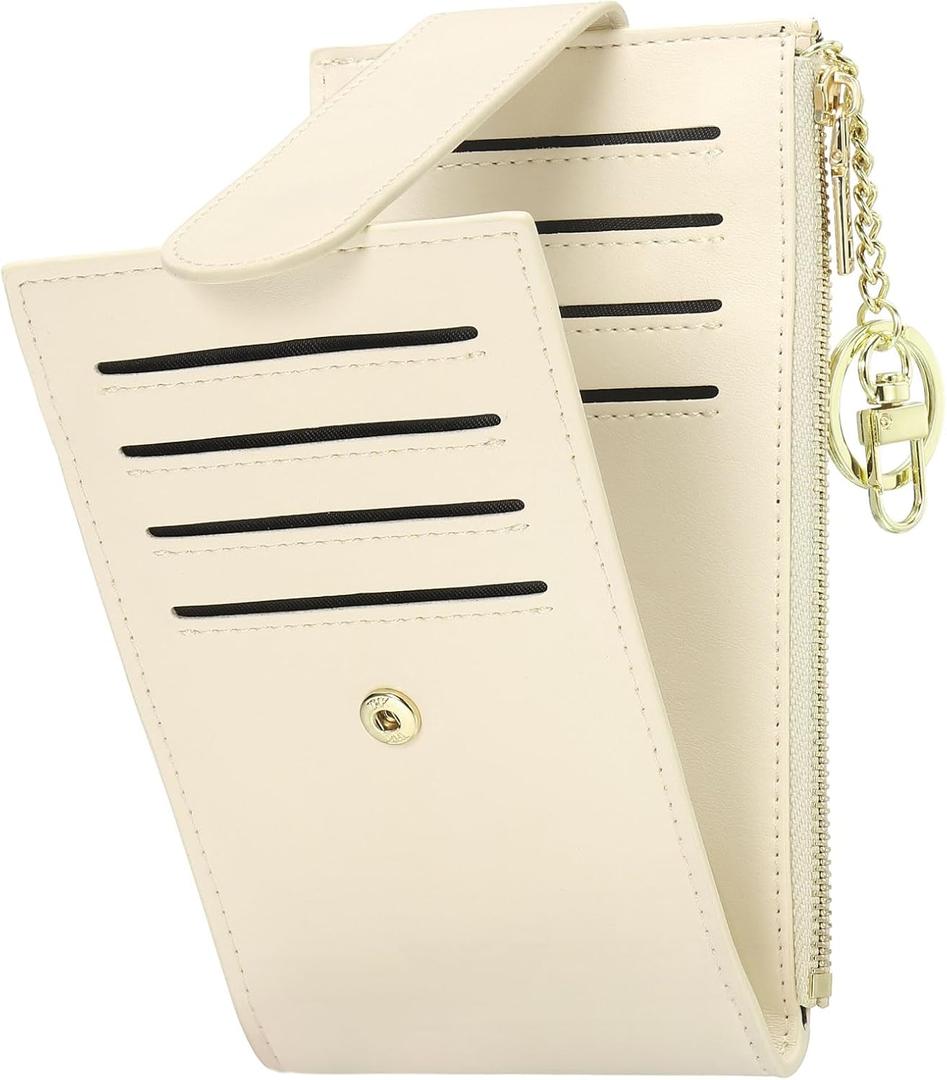 Credit Card Slim Wallet for Women and Men, PU Leather Card Holder with KeyChain Ring - 14 Slots & 1 ID Window & 1 Zipper Pocket, Beige