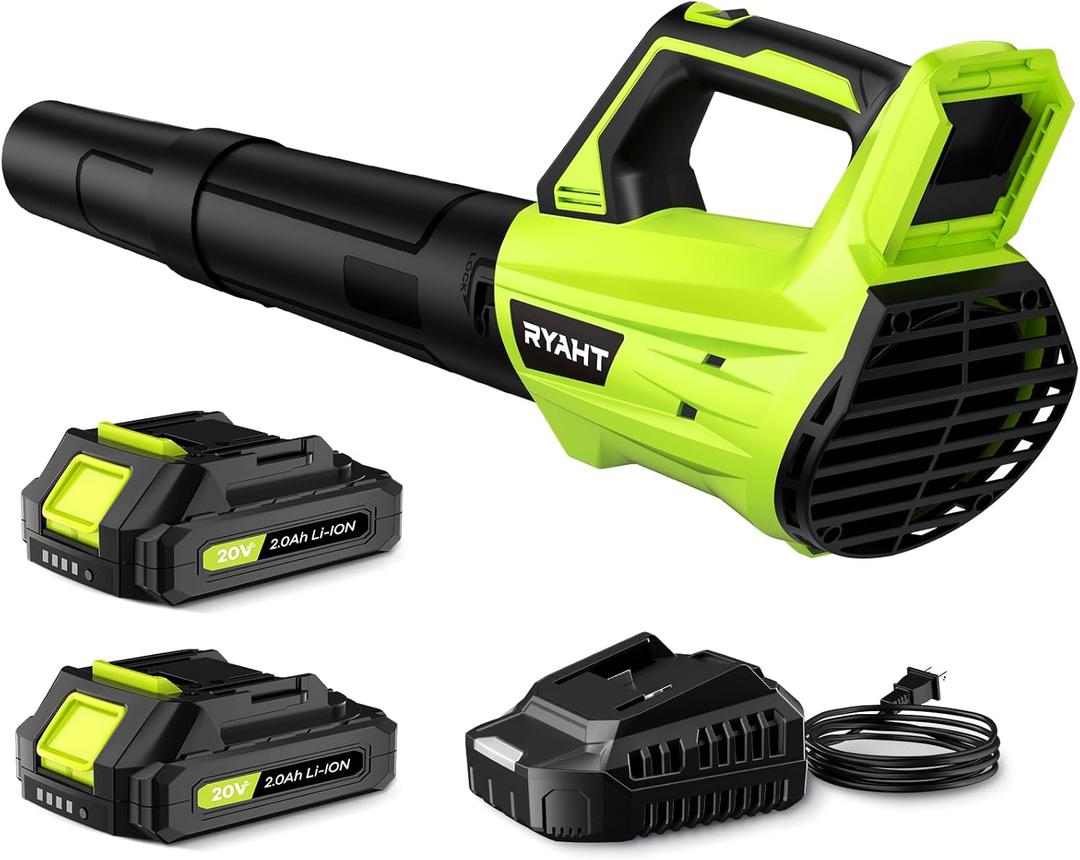 Leaf Blower Cordless, Leaf Blower with Battery and Charger - 2 Speed Modes, 2 Batteries, 20V Powerful Lightweight Electric Blowers for Blowing Leaves, Lawn Care, Patio Cleaning and Dust, Green