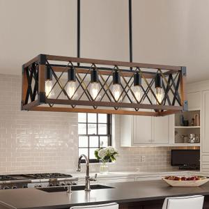 Dining Room Light Fixture/Chandelier Over Table,Matte Black Rustic Wood Ceiling Pendant Light,6-Light Kitchen Island Lighting Fixtures, Linear Farmhouse Chandeliers for Dining Room,Kitchen Island