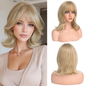 Haloo Blonde Short Bob Wigs with Bangs Shoulder Length Wavy Layered Flipped Ends Natural Looking Medium Synthetic Hair Wig for Women Daily Party, 14 Inch Dirty Blonde