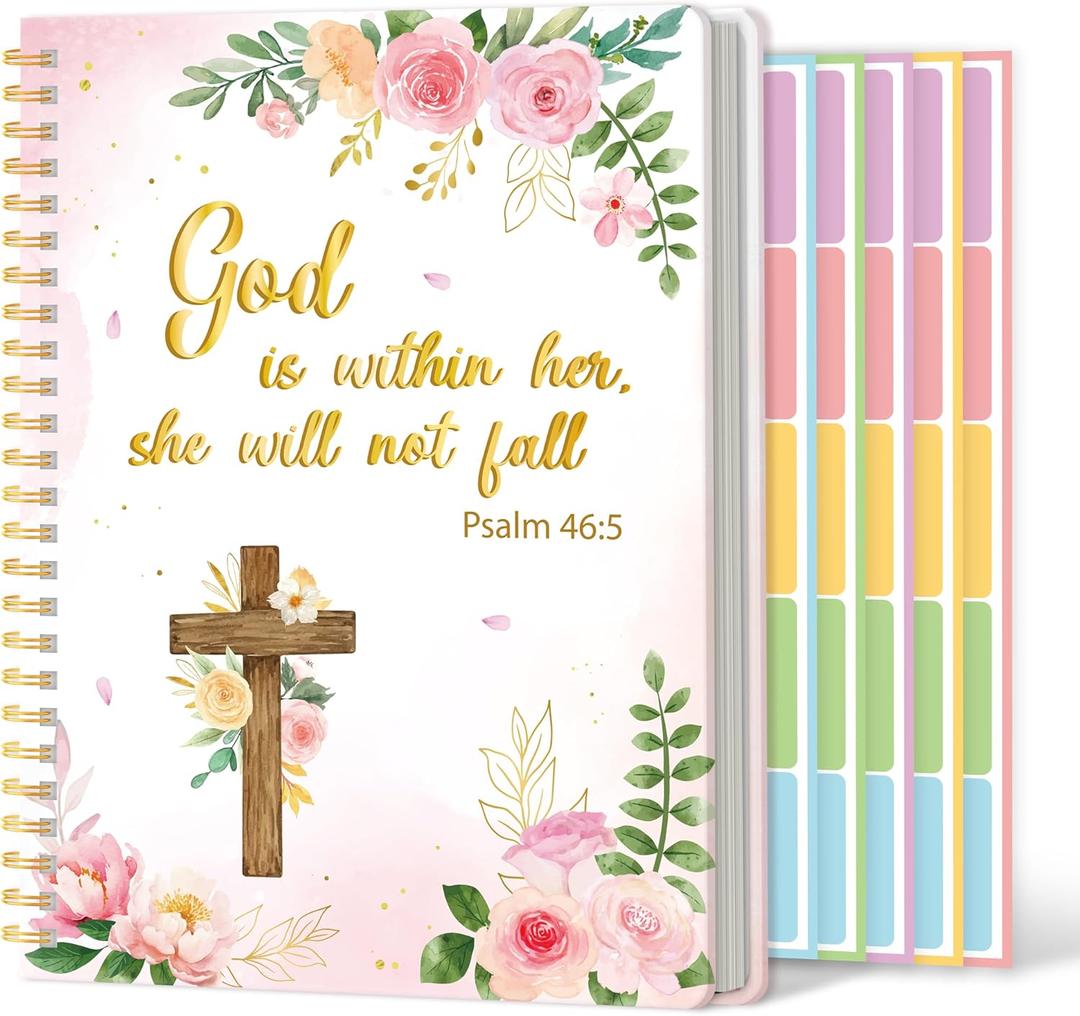 2 x Xqumoi A5 Floral Cross Pink Religious Hardcover Spiral Notebook with Bible Tabs - Flowers Christian Bible Verse Ruled Hardbound Journal Book Labels Index Christmas Gift Sunday School Office Supplies