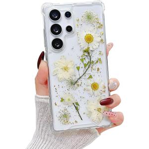 Compatible with Samsung Galaxy S25 Ultra Case Cute Pressed Dried Real Flowers Design Women Girly Shockproof Gliter Bling Floral Clear Phone Cover for Galaxy S25 Ultra (White Flower)