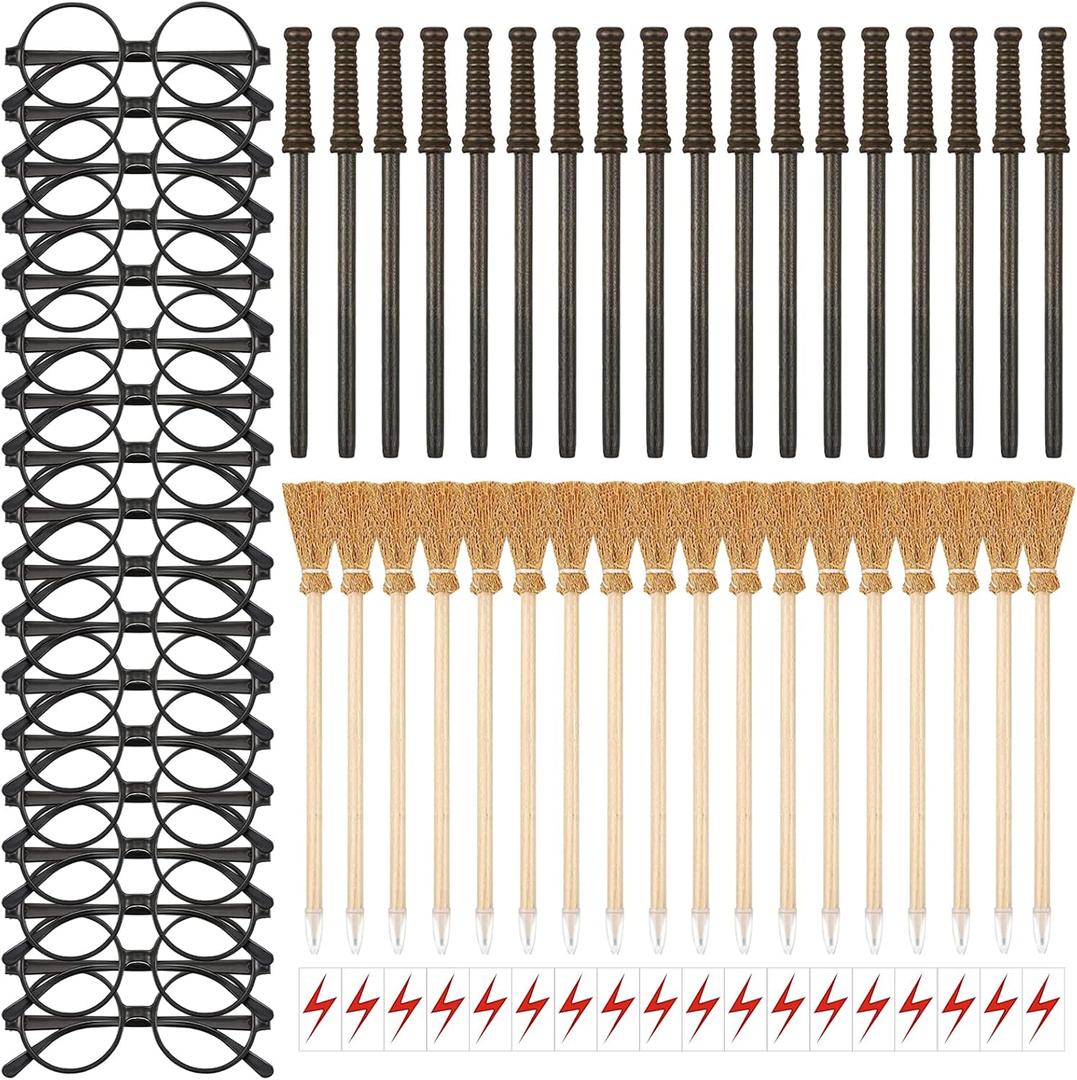 144 Pcs Wizard Wand Party Favors for Kids , Wand Pencils, Witch Broom Pencils, Lightning Tattoos, Round Frame Glasses, Party Decorations Birthday Gifts, Halloween Cosplay Accessories for Teens