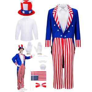 Handepo 9 Pcs America Uncle Costume Set USA Patriotic Top Hat for 4th of July Independent Day 250th Anniversary Cosplay Party (Red, S)