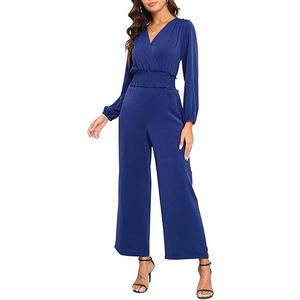 YUNDAI Womens Jumpsuit Fall Long Sleeve V Neck Casual Loose One Piece Outfits Wrap Waist Pants Long Romper with Pockets, M