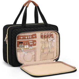Wedama Toiletry Bag for Women, Hanging Travel Toiletry Bag with Jewelry Organizer Compartment Medium Makeup Bag, PVC Waterproof Cosmetic Travel Bag Trips Camping Bathroom, Black+Brown
