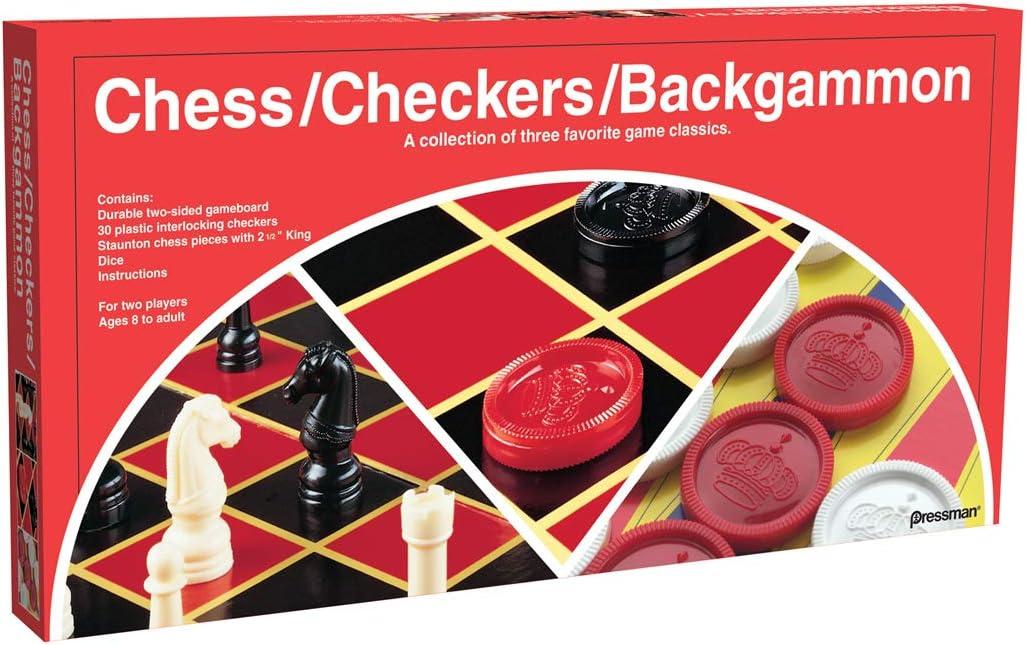 Pressman Chess / Checkers / Backgammon - 3 Games in One with Full Size Staunton Chess Pieces and Interlocking Checkers, 15.62 x 8.00 x 1.50 Inches