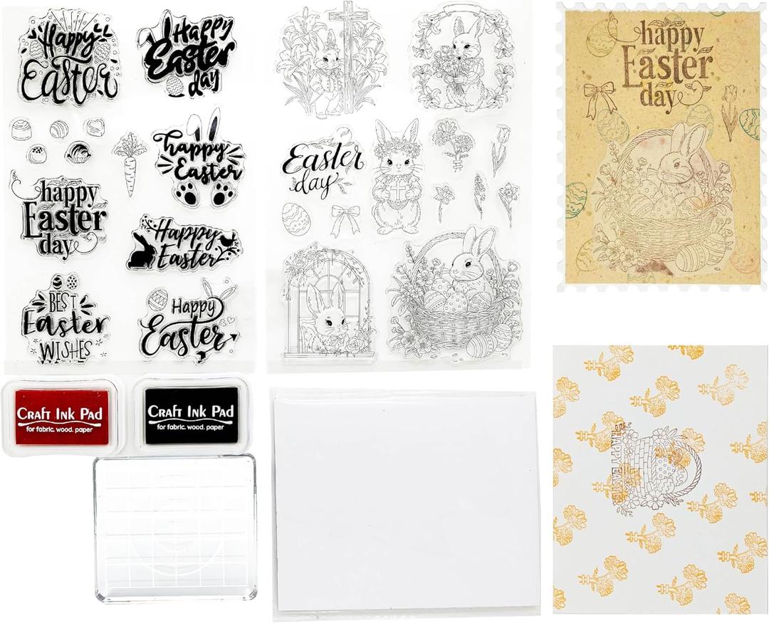2 x CraftyManor Happy Easter Clear Stamps for Scrapbooking, Vintage Rabbit Stamp Set for Journaling, Card Making Supplies for Crafting, DIY, Photo Album Decor & Junk Journal 5.8x8.3in (Rabbit + Text Set)
