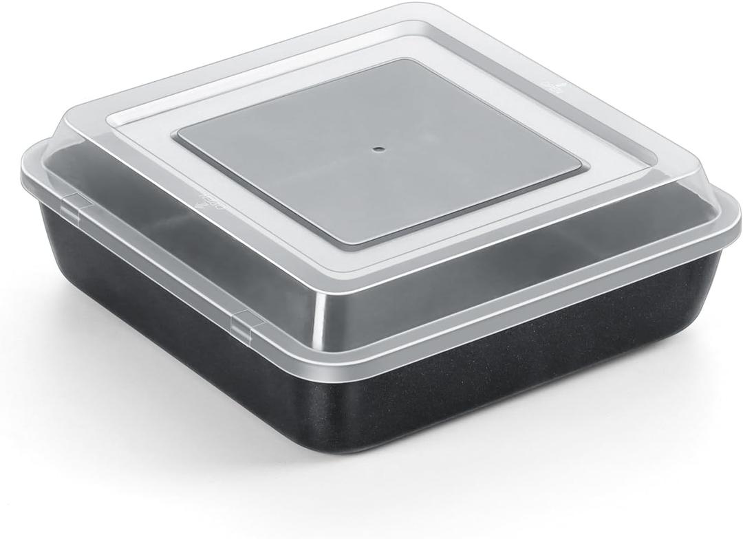 TeamFar 9x9 Inch Square Cake Pan with Lid, Non-Stick Square Baking Roasting Pan, with Stainless Steel Core for Cooking Brownie Lasagna, Non-Toxic & Heavy-Duty, Release & Clean Easily (1 Pan+1 Lid)