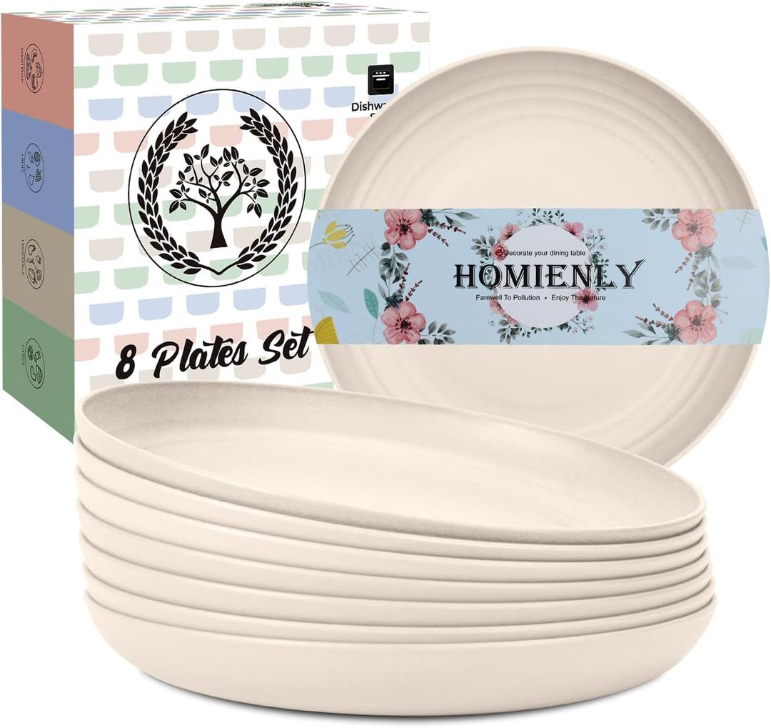 Homienly Dinner Plates Wheat Straw Plates Set of 8 Alternative for Plastic Plates Unbreakable Dinner Plates Set Dishwasher and Microwave Safe Plates for Kitchen, Camping, Outdoor Plates(Beige, 9 inch)
