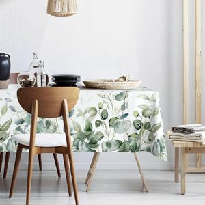 JOYPLUS Sage Green Eucalyptus Leaves Fabric Waterproof Tablecloth,Rectangle Watercolor Wrinkle Oil-Proof Resistant Table Cover for Dining Table, Buffet Parties and Camping, Mint Color (60" x 84") (Double-sided Green)