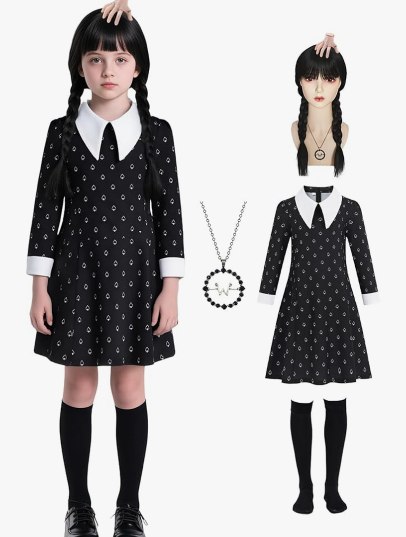 Black Dress for Women Kids Halloween Costume with Accessories Wig Necklace 7-8y