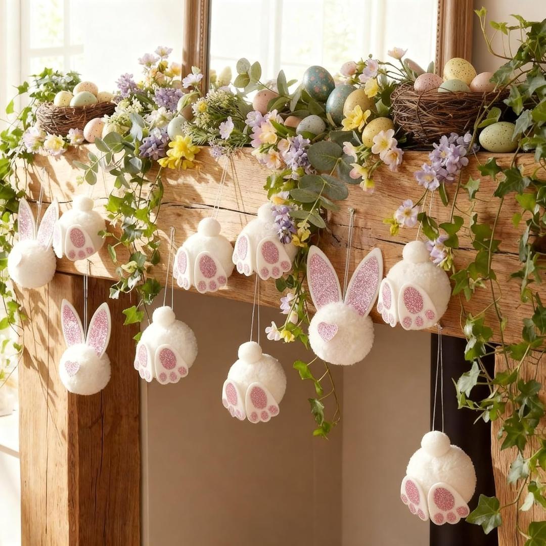 Jenaai 18 Pcs Easter Glitter Bunny Hanging Decorations Bunny Tree Ornaments Plush Rabbit Butt Ears Decor Spring DIY Crafts Tree Ornaments Easter Party Favors Home Decoration