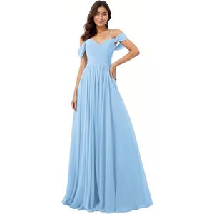 AZJINCOS Women A-Line Ruched Off-Shoulder Floor Length Chiffon Party Prom Formal Gown Bridesmaid Dresses Lightblue, L AZJINCOS Women A-Line Ruched Off-Shoulder Floor Length Chiffon Party Prom Formal Gown Bridesmaid Dresses Lightblue, L