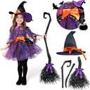 Spooktacular Creations Child Girl Orange Purple Witch Costume, Toddler Witch Outfit Set with Broom for Kids Halloween Party, Size -3T