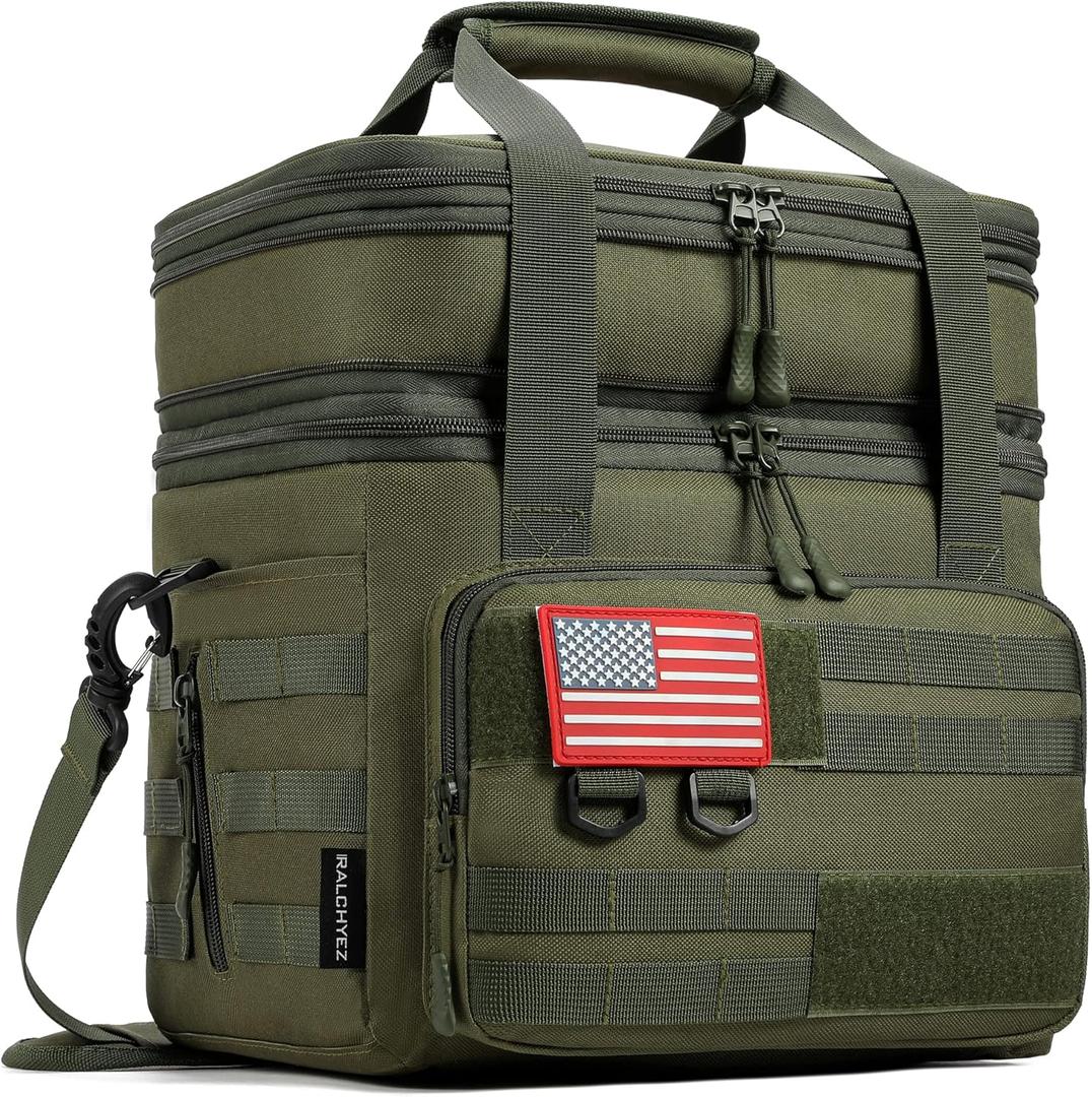 RalChyez Tactical Lunch Bag, 20L Large Heavy Duty Double Deck Insulated Lunch Box Leakproof Expandable Tote Cooler with Shoulder Strap for Adult Men Women Work Fishing Picnic Travel Green