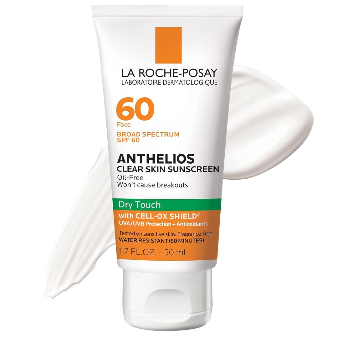 La Roche-Posay Anthelios Clear Skin Sunscreen Dry Touch SPF 60, Oil Free Sunscreen For Face, Oil Absorbing, Broad Spectrum SPF + Antioxidants, Non-Greasy, Oxybenzone Free, Travel Size (1.7 Fl Oz))