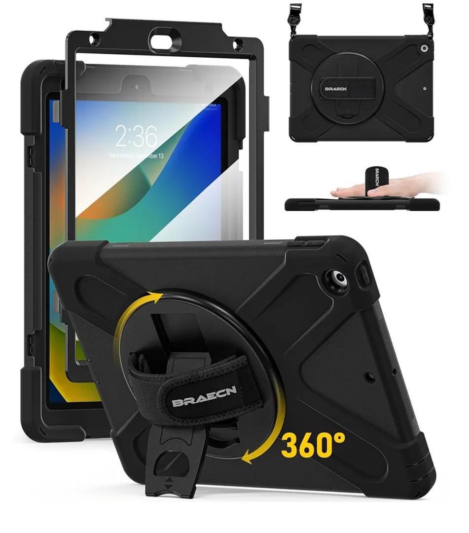 BRAECN for iPad 9th Generation Case, iPad 10.2 Case with Built in Screen Protector, Hand Strap, Swiveling Stand, Shoulder Straps, Heavy Duty Rugged Case for iPad 8th/7th Gen 10.2 Inch-Black