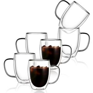 CNGLASS 6 Pack Double Walled Glass Coffee Mugs12oz Clear Coffee Cups with HandleInsulated Glass Espresso Mugs for Latte,Cappuccino,Tea