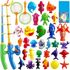 CozyBomB Magnetic Fishing Toys Game Set for Kids | Water Table Bathtub Kiddie Pool Party Pole Rod Net, Outdoor Plastic Floating Fish, Toddler Bath Color Ocean Sea Animals Birthday Gift Age 3-5 6 4-8
