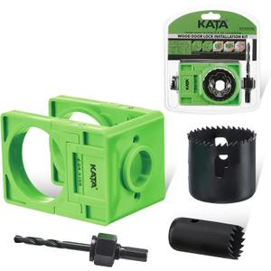 Kata 1-3/8" - 1-3/4" Door Lock Installation Kit with Large Chip-Clearance Slots, Door Lock Hole Saw for Deadbolts and Locksets for Wooden Doors with Guide Template, Carbon Steel, Green